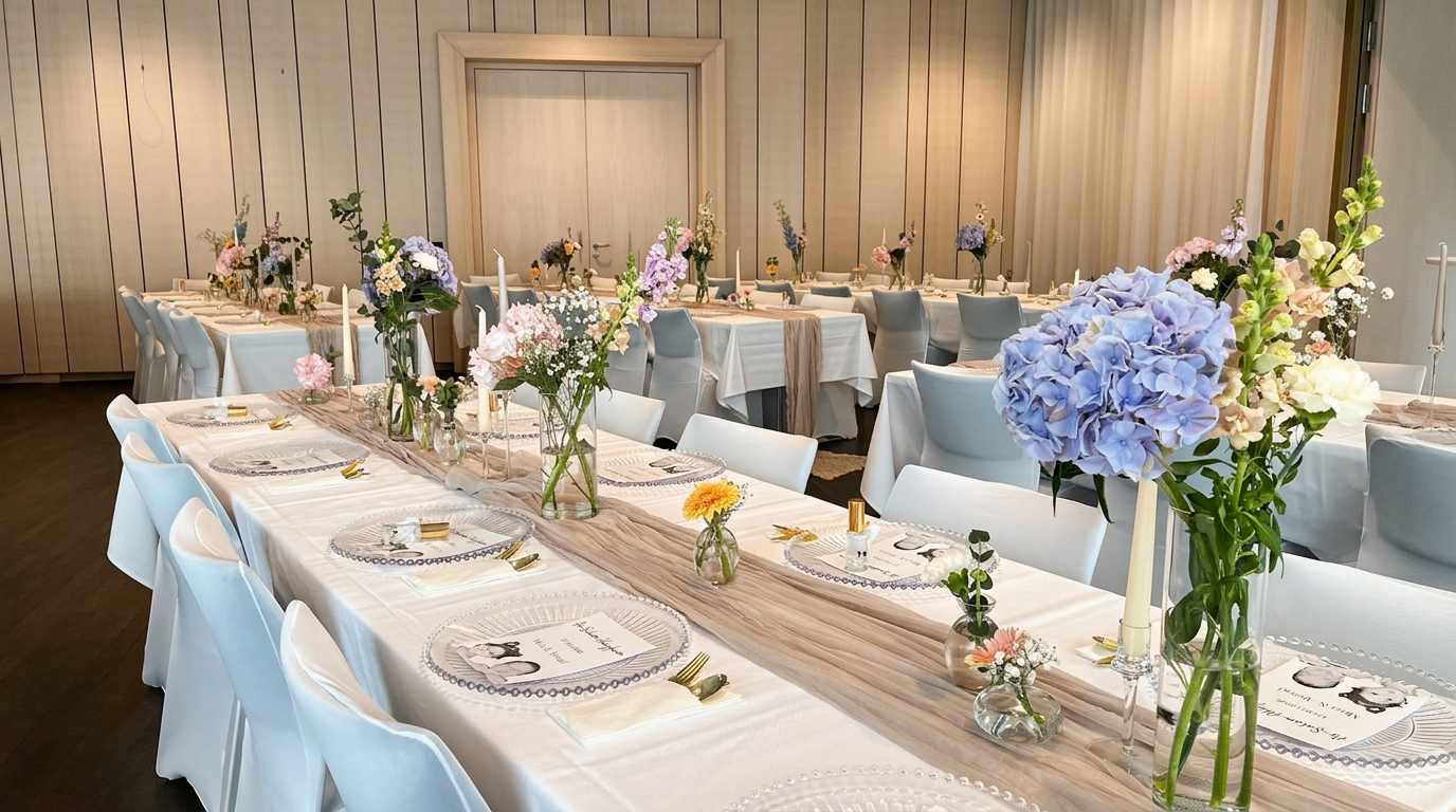 Detailaufnahme florale Tischdekoration bei einer Hochzeit
